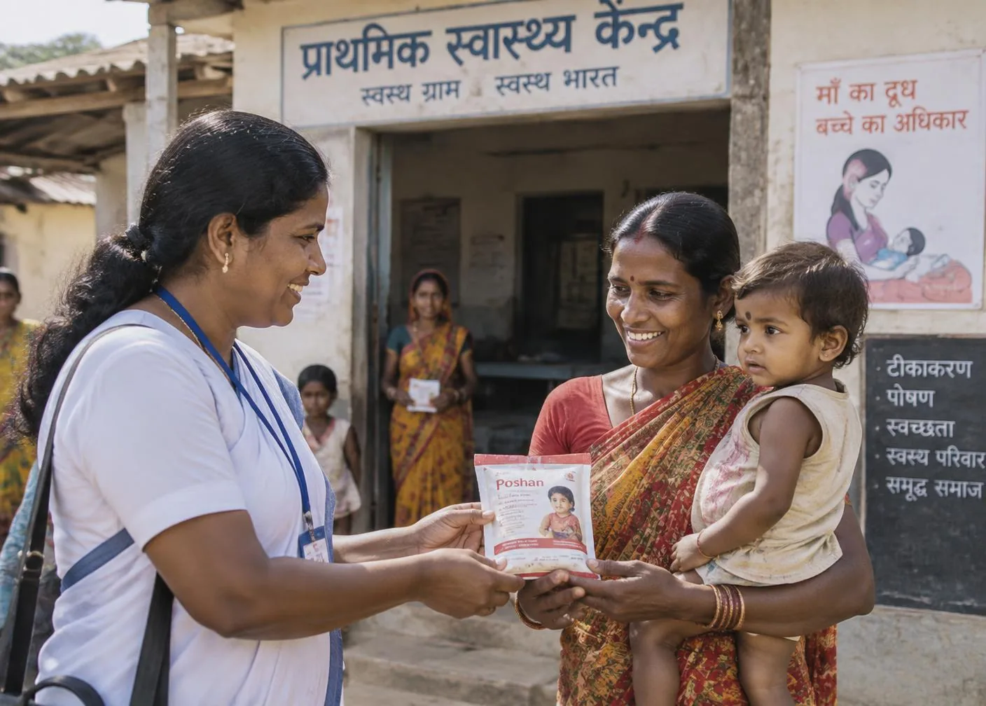 A community health worker providing nutritional supplements to a mother and child