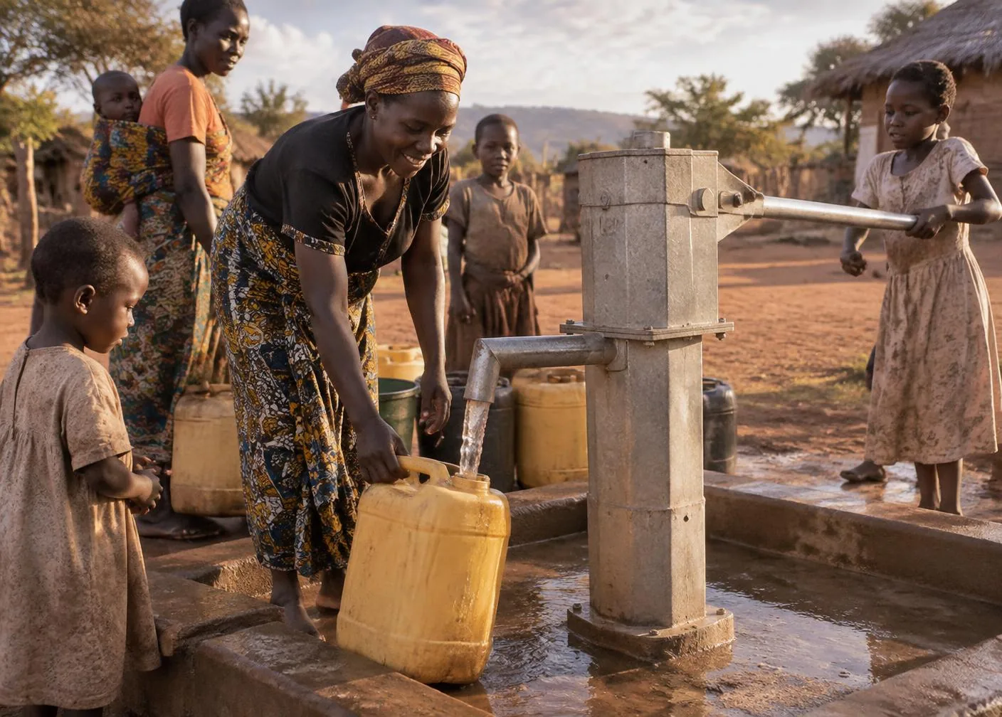 Families collecting clean water from a village hand pump